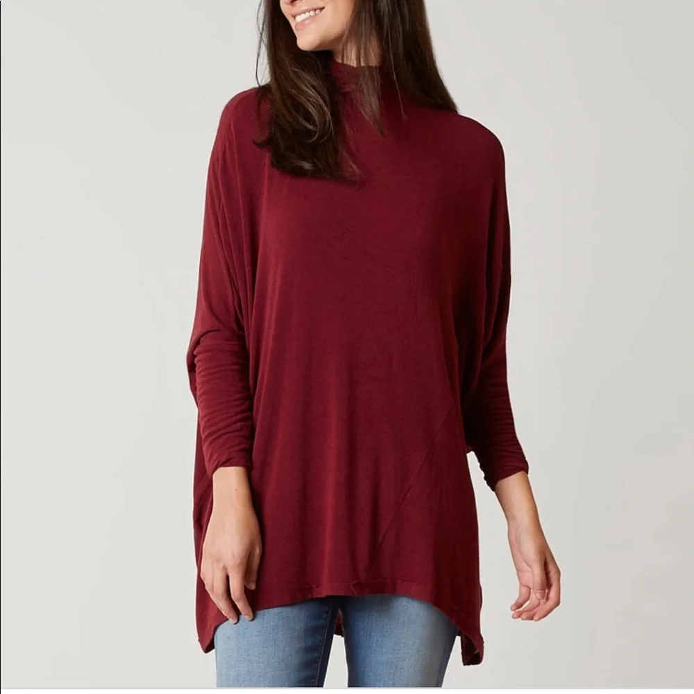 NWT FREE PEOPLE MOCK NECK DOLMAN LONG SLEEVE TOP BURGUNDY Boho Chic Minimalist‎